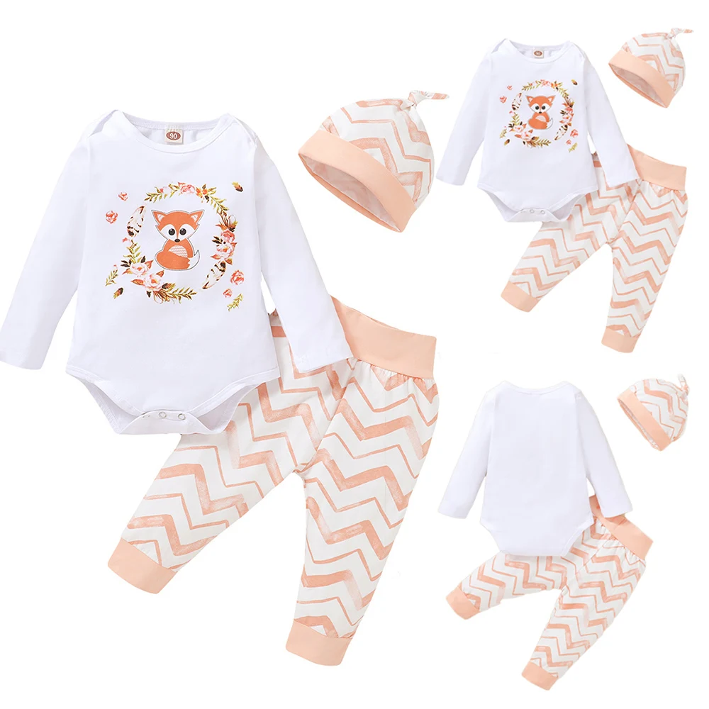 

Infant Toddler Baby Girls Long Sleeve Cute Animal Printed Round Neck Romper Tops Striped Trousers and Hat Outfit Set Causal