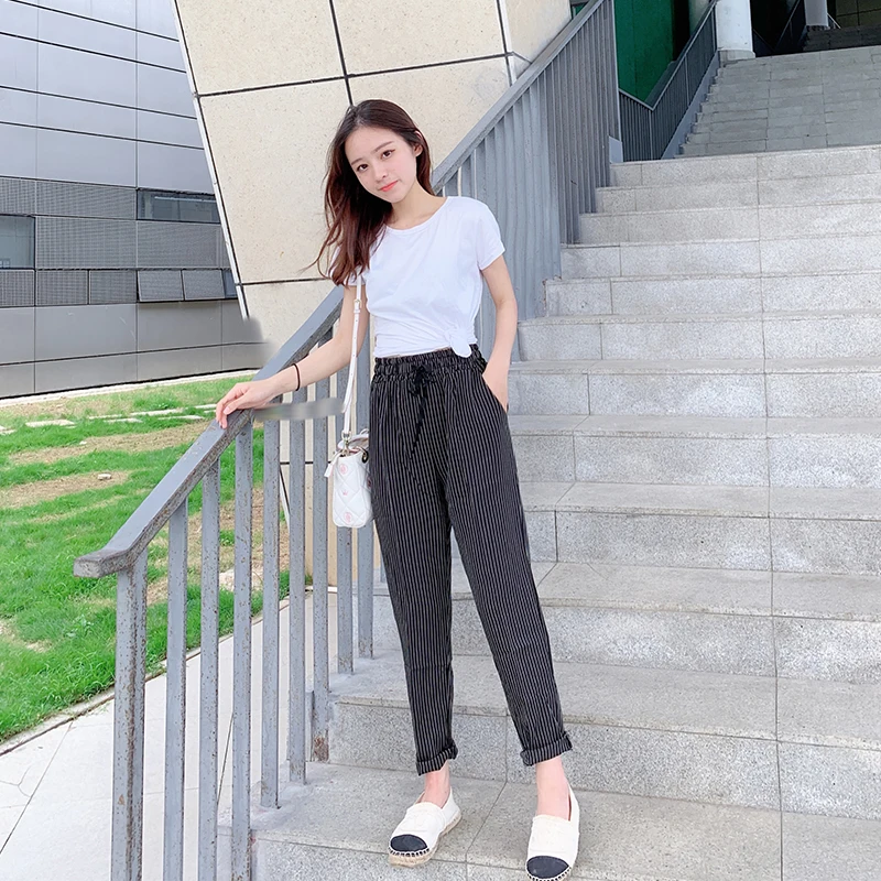 Женские брюки в полоску повседневные свободные шаровары с высокой эластичной