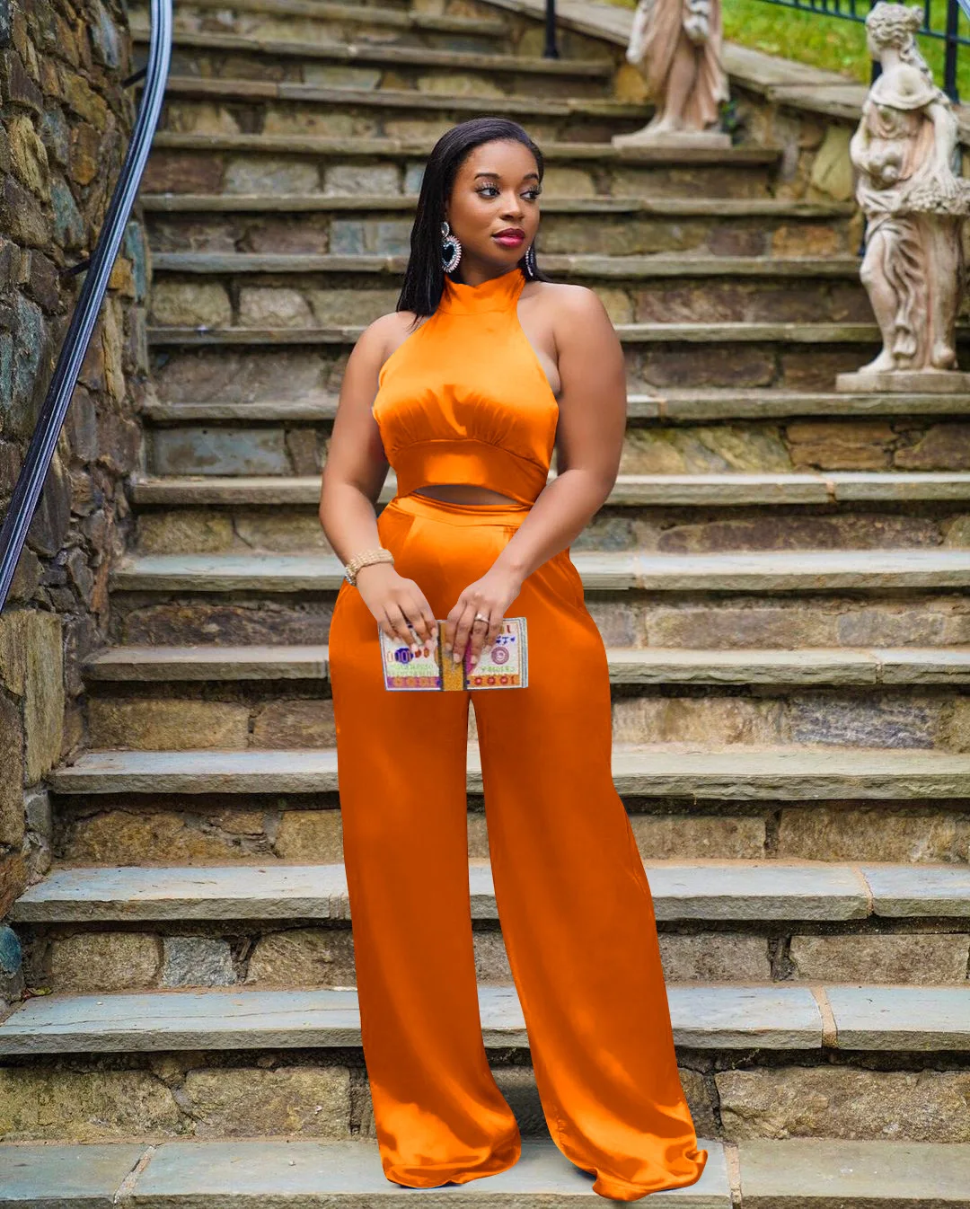 

Elegant Satin Two Piece Set Women Casual Streetwear Sleeveless Crop Top + Wide Leg Pants Slim 2 Piece Outfits Matching Set