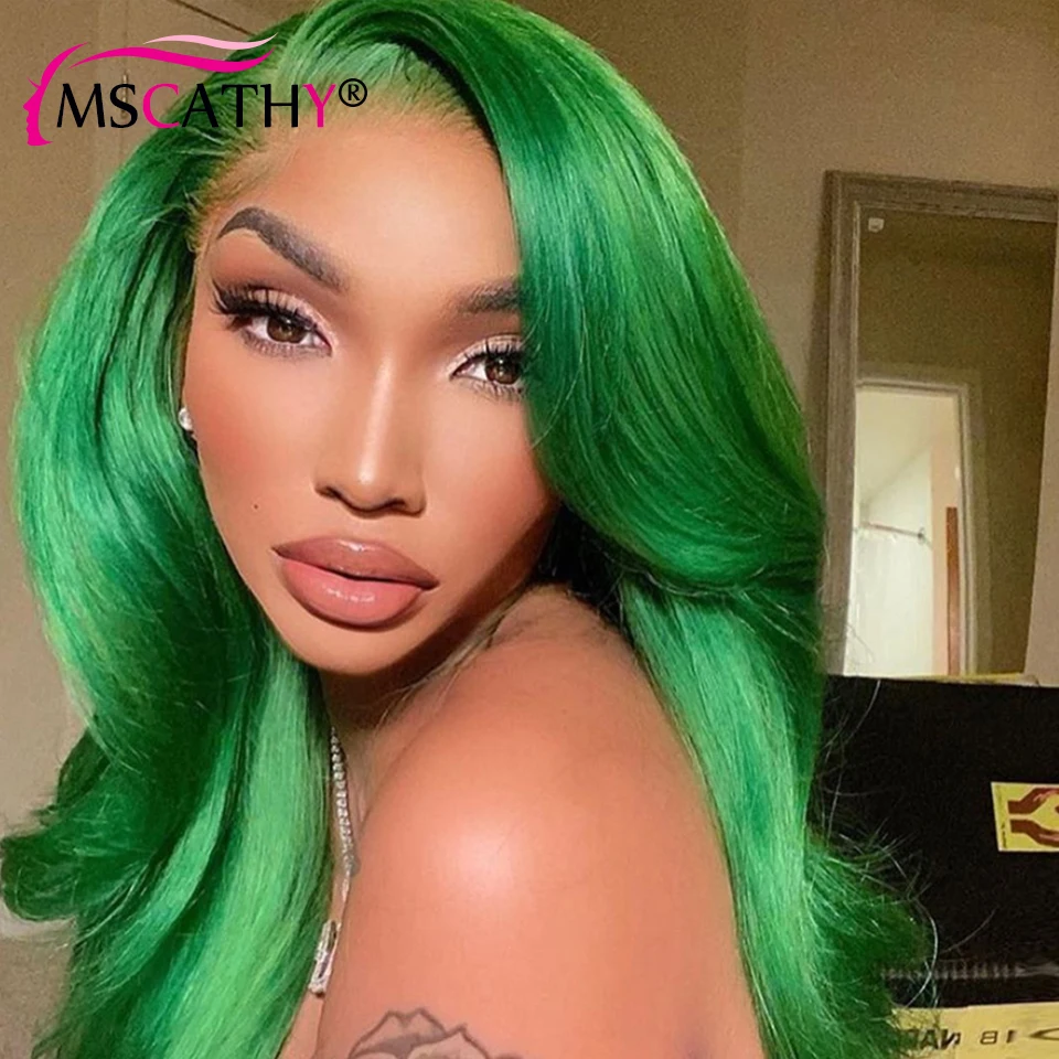 HD Transparent Lace Front Wig Body Wave Green Color Human Hair wig Natural Hairline Per plucked Middle Part For Black Women | Шиньоны и
