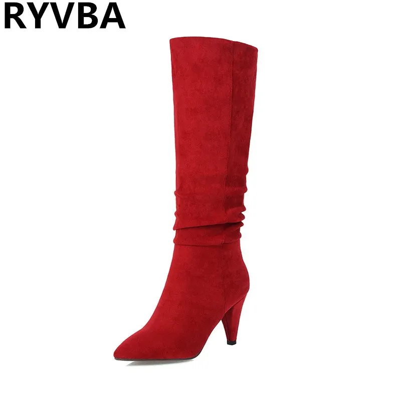 RYVBA 2019 г. Женские замшевые сапоги до колена на тонком каблуке женские осенне