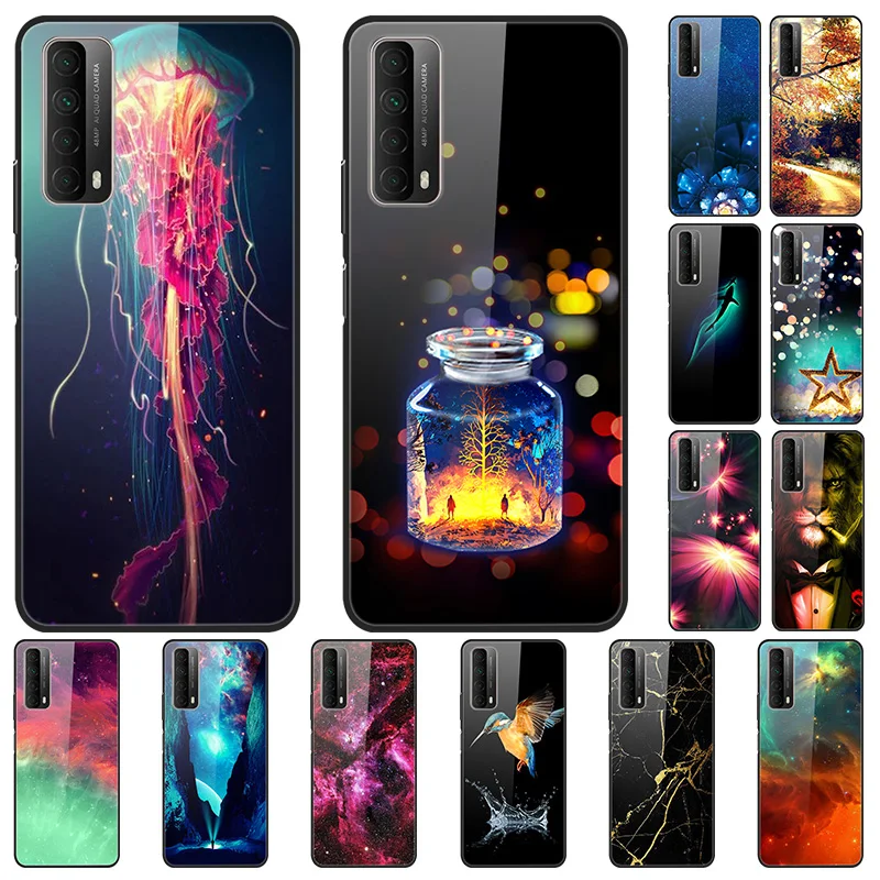 Стеклянный чехол для Huawei Y7A задняя крышка телефона с черным силиконовым бампером