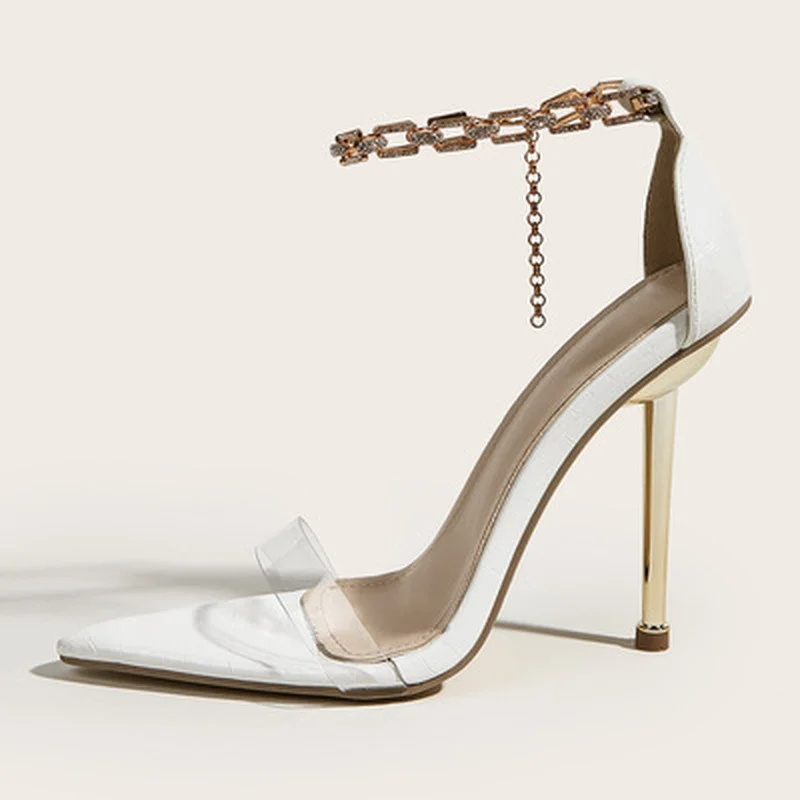 

High Heels Ladies Sandals Metal Decoratio Bling Chain Crystal Pointed Toe Sweet 2021 NEW Summer Fashion PVC Women Shoes