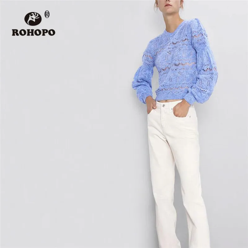 ROHOPO круглый воротник с пышными рукавами цветочный свитер белый Небесно-Голубой