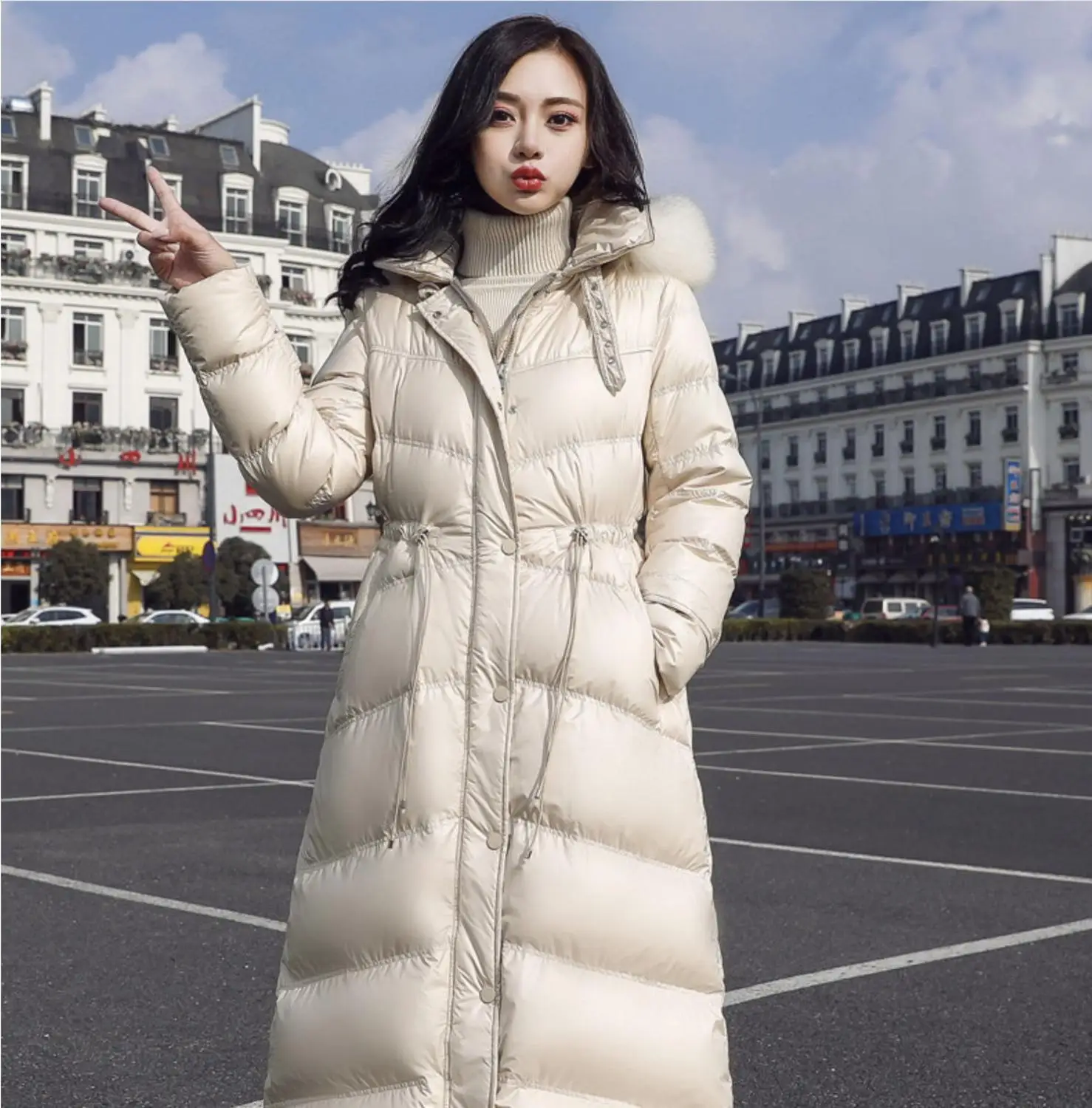 Большой Лисий двойной меховой воротник пуховик женский плюс длинный 2019 зима