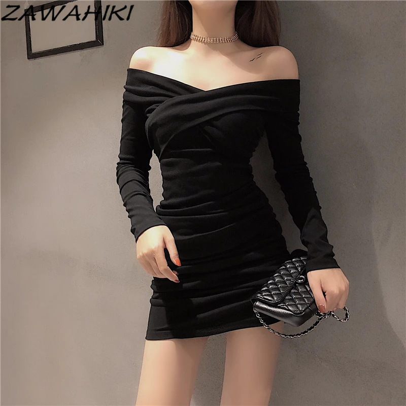 

Zawhiki Женская одежда с длинным рукавом с высокой талией Vestidos De Mujer Мини платья с вырезом лодочкой сексуальная женская одежда трапециевидная с...