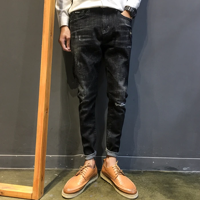 Осенние джинсы мужские черные рваные вышитые джинсовые брюки повседневные