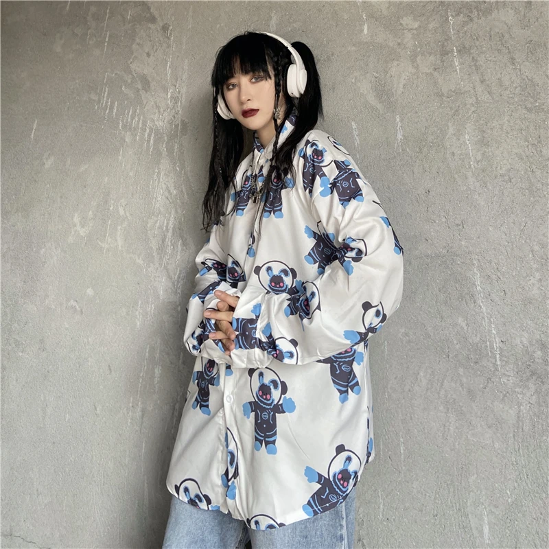 

Harajuku Style Plus Size Shirt Women Full Print Bear Shirt All-match Casual Loose Long-sleeved Shirt Female