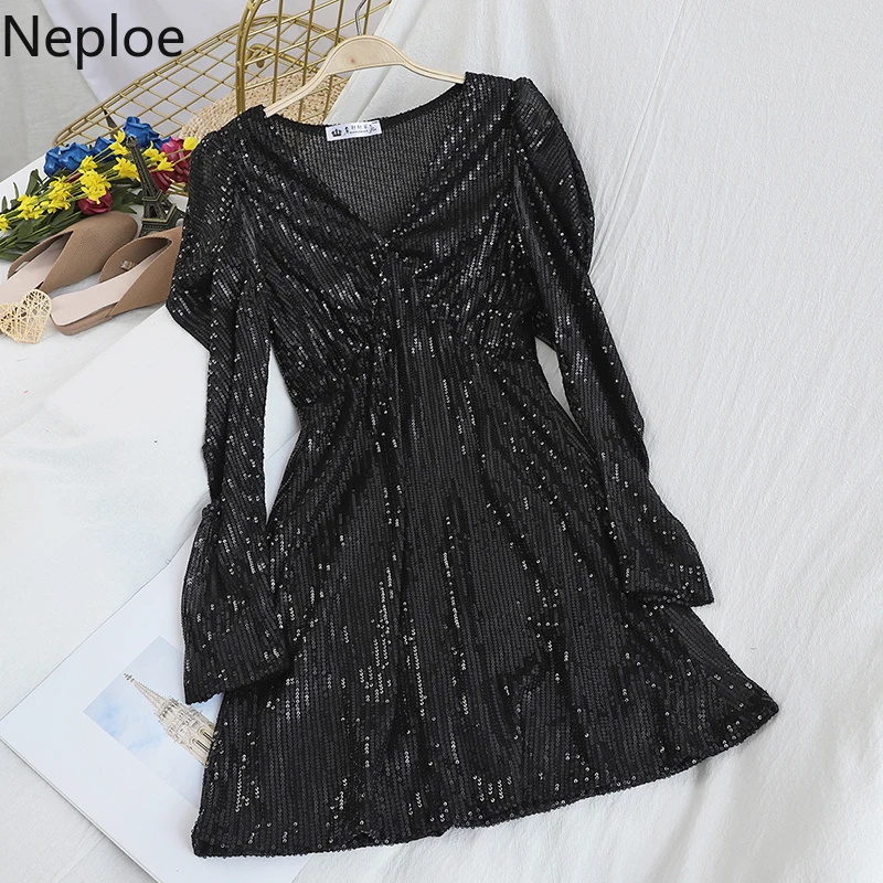 Neploe Пышное с длинным рукавом расшитое блестками вечерние мини платья v образным