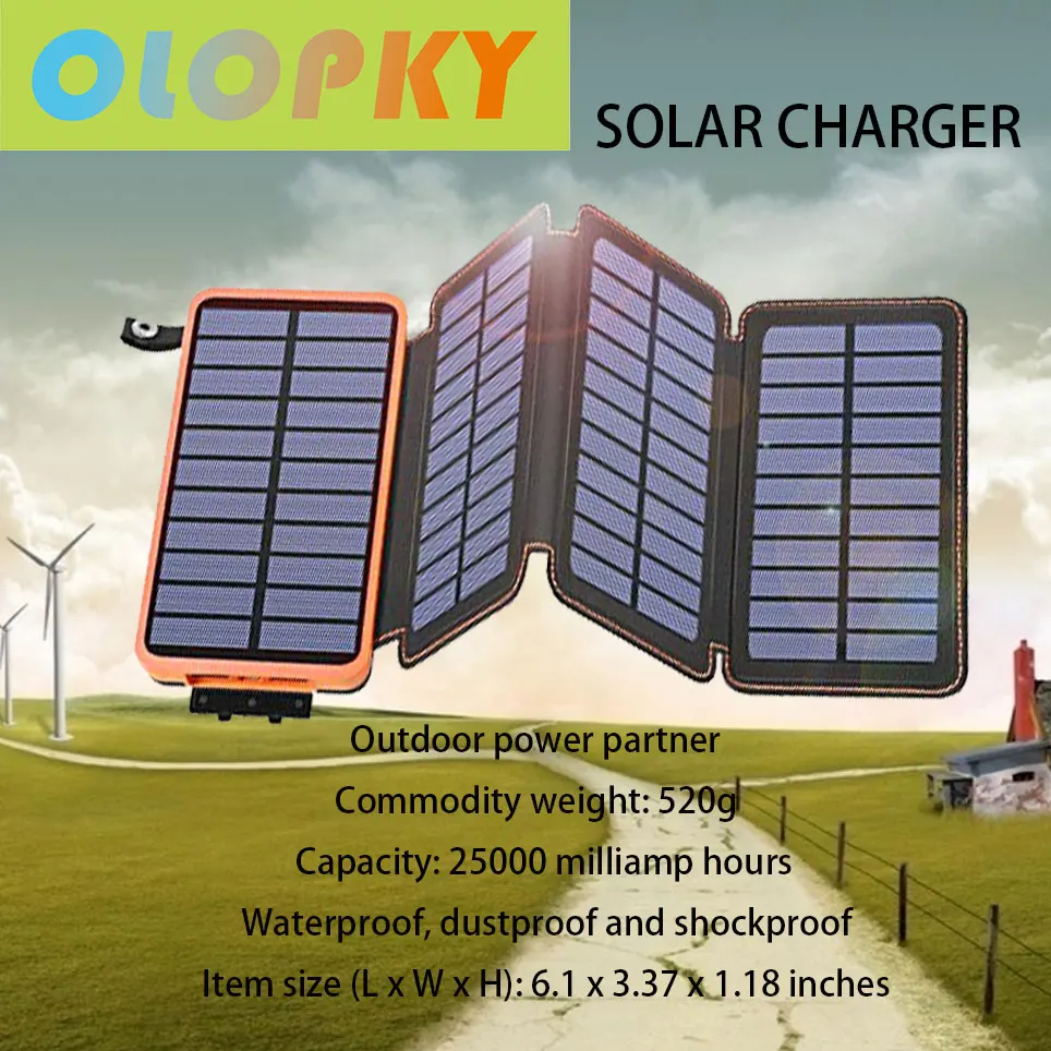 

2021 Solar charger 25000 MAH mobile power supply with 4 solar panels waterproof battery pack mobile phone charger