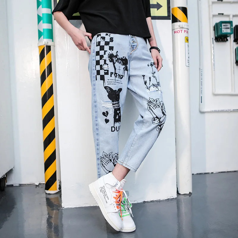 Женские обтягивающие джинсы MUMUZI синие Стрейчевые брюки с рисунком кота на осень