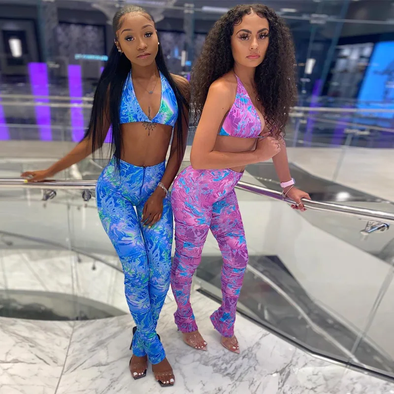 

Echoine Summer Tie Dye Print Bra Matching Set Spaghetti Halter Crop Top and Pencil Pants Two Piece Set Yoga Sexy Outfits New