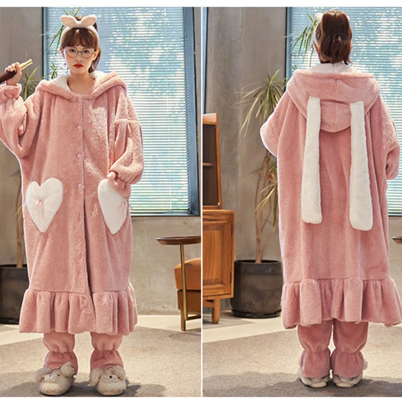 

Women Pajamas Set Autumn and Winter Thickened Plus Velvet Cartoon Plus Size Two-piece Flannel Cute Warm Female Home Service