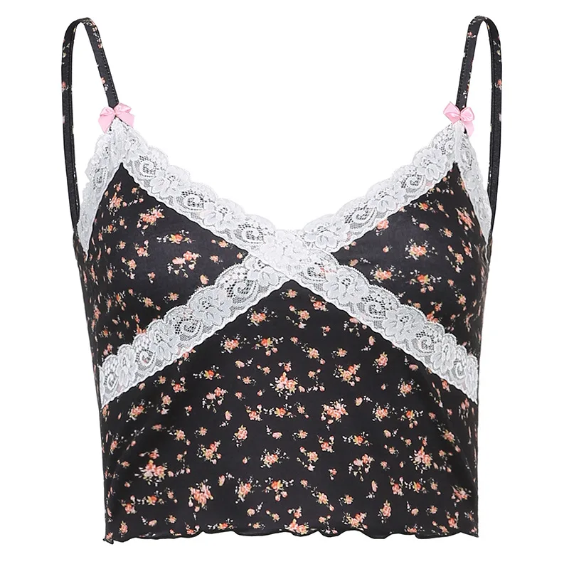 

y2k Crop Tops Women Summer e girl y2k Clothes 2000s Aesthetic Clothes Fashion Floral Print Black Sexy Cute Lace Cami Tank Top