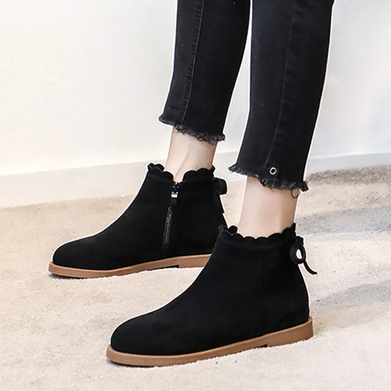 

2021 Women Simplicity Solid Color Flat Shoes Ruffle Edge Side Zipper Keep Warm Shoes Female Daily Life All-Match Footwear