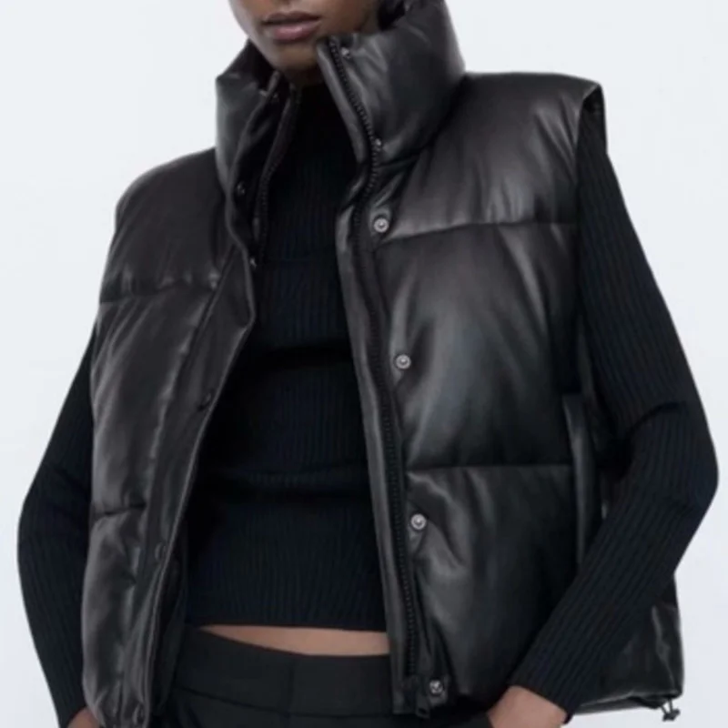 

Осенне-зимняя Черная куртка без рукавов с воротником-стойкой и карманами на резинке, Регулируемый жилет с отделкой, женский кардиган, пальт...