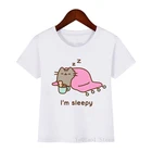 Футболка для мальчиков и девочек, белая футболка с коротким рукавом и принтом в виде милого спящего кота, лето 2021