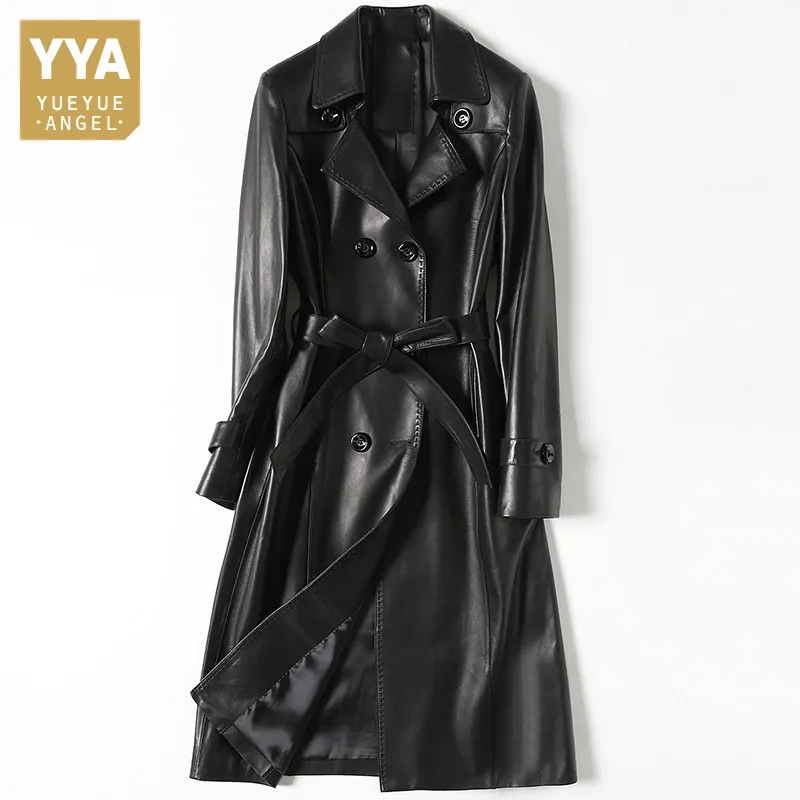 

Женская винтажная Ветровка из натуральной кожи, черная длинная двубортная приталенная куртка из овечьей кожи, осень 100%