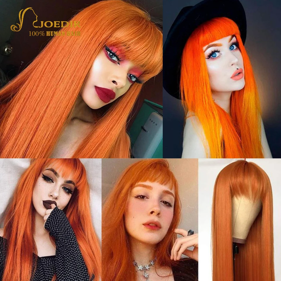 Joedir Ginger Orange Straight Wig With Bangs Brazilian Straight Human Hair Wig For Women Highlight Orange Straight Wig Cosplay enlarge