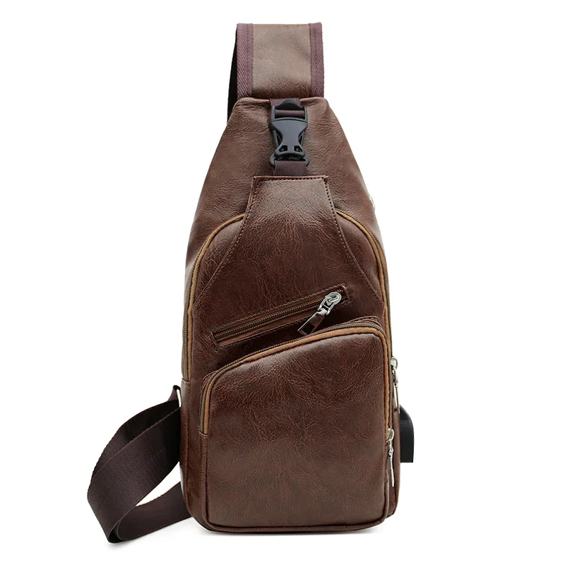 Solid dark brown Мужские сумки через плечо, мужская сумка на груди с USB, дизайнерская сумка через плечо, кожаные сумки на плечо, диагональная упаковка, рюкзак для путешествий - Цвет: Solid dark brown