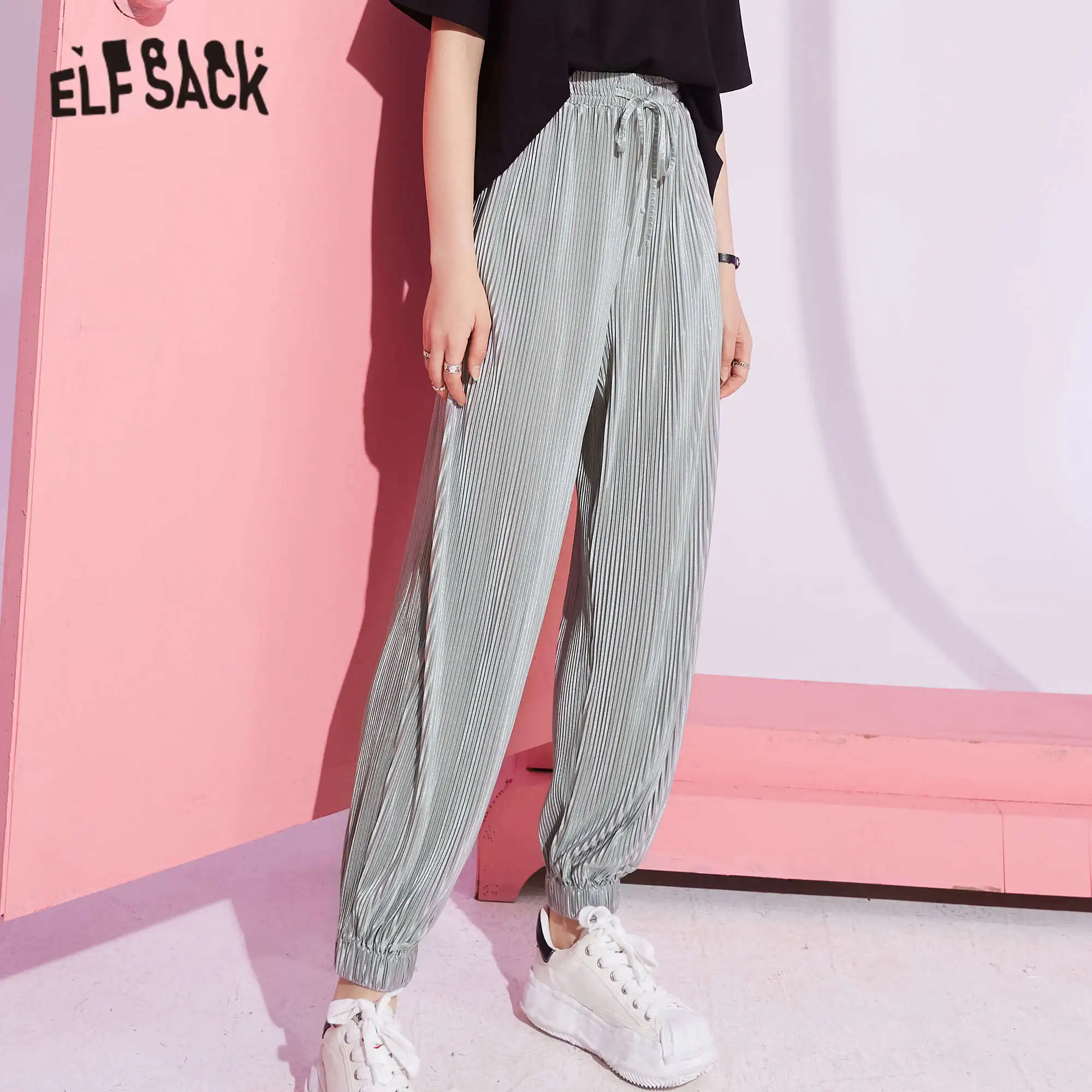 ELFSACK Solid Pure High Waist Straight Casual Minimalist Women Pants 2021 Summer Drawstring Korean Ladies Daily Basic Trouser