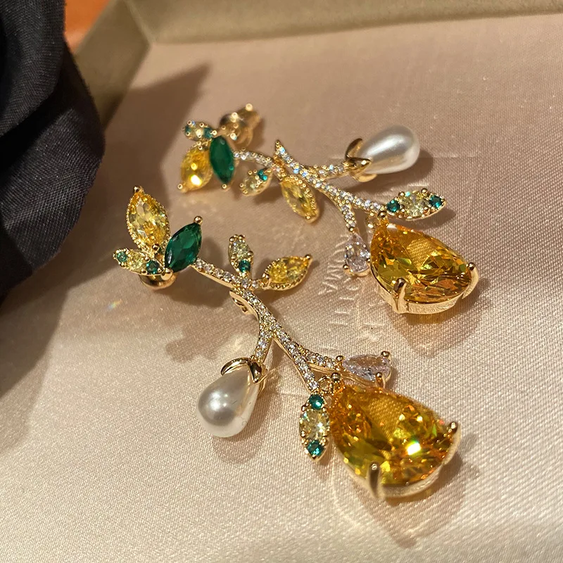 Yellow Crystal Dangle Jewelry Luxury Earrings for Women 2022 Trendy Pearl Water Drop Earrings pendientes Серьги