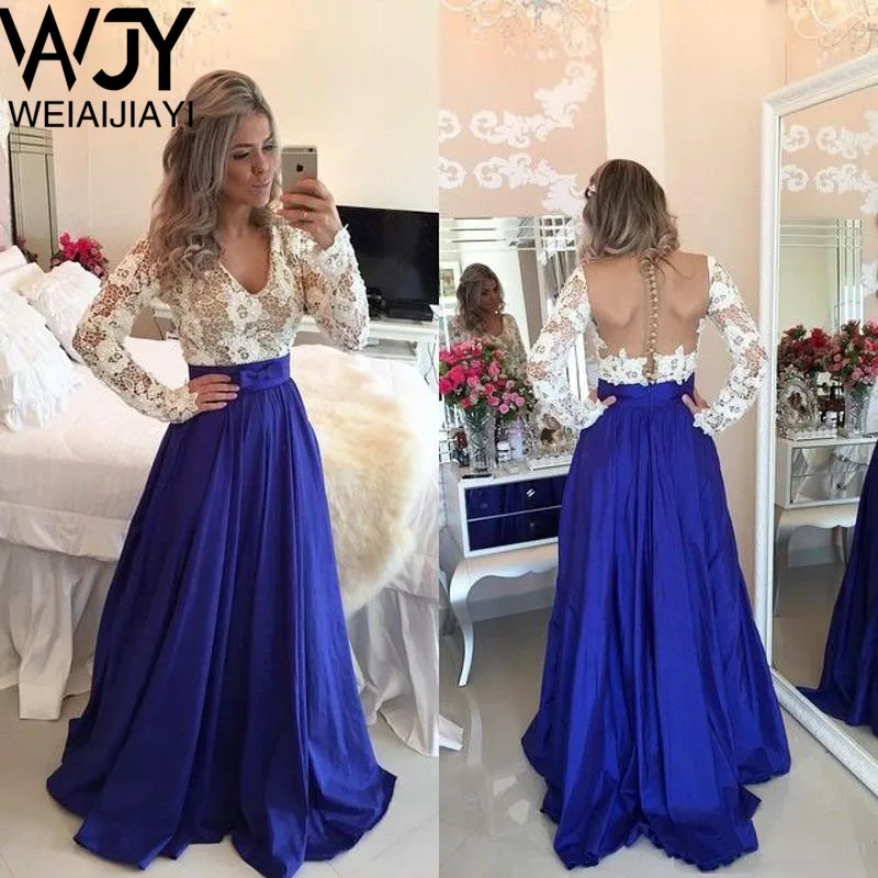 

V Neck A Line Dark Blue Prom Party Gown Backless Open Back Satin Sexy Lady Illusion Sheer Long Lace Pageant Dress Plus Size