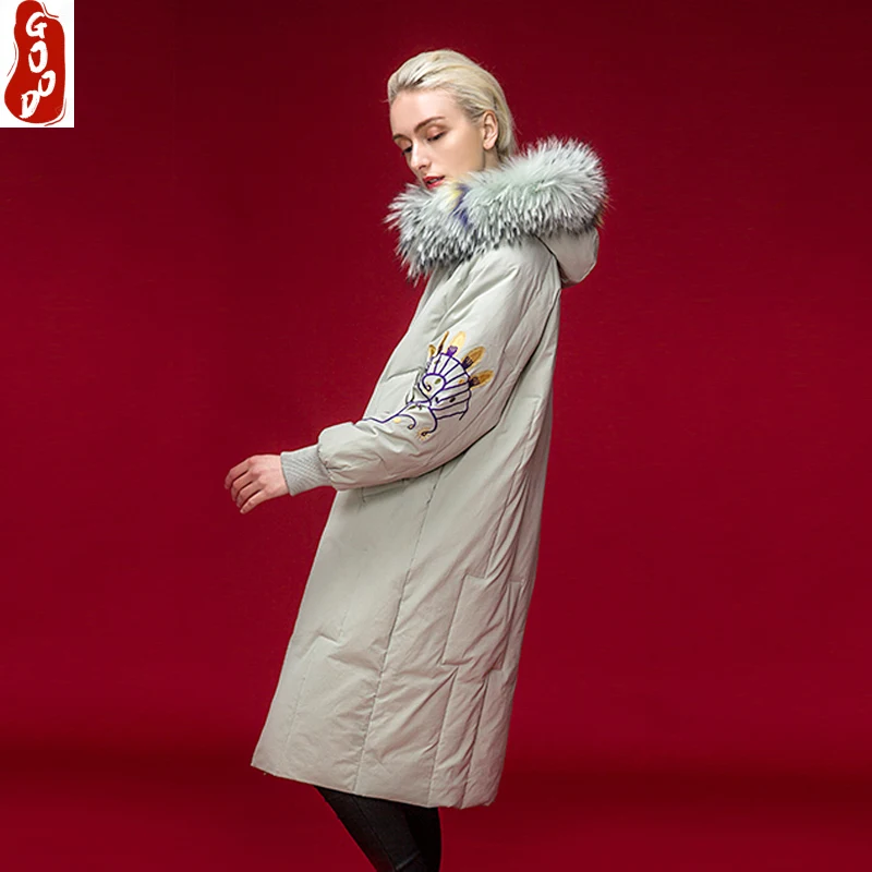 

Брендовый женский пуховик, теплая зимняя женская куртка 2021, уличная одежда, пальто на 90% утином пуху с вышивкой, большая парка с мехом 18N570