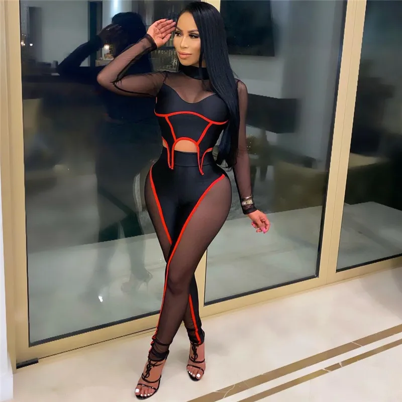 

Women Two pieces Set Sexy Mesh Patchwork Long Sleeve Top + Long Pant Trouser Women Summer Slim Traksuit Outfit Clubwear
