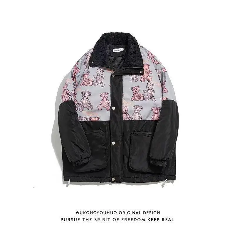 

Women cartoon pattern cotton padded jacket Korean student style vintage bear print coat Winter warm bread clothes oversize coat