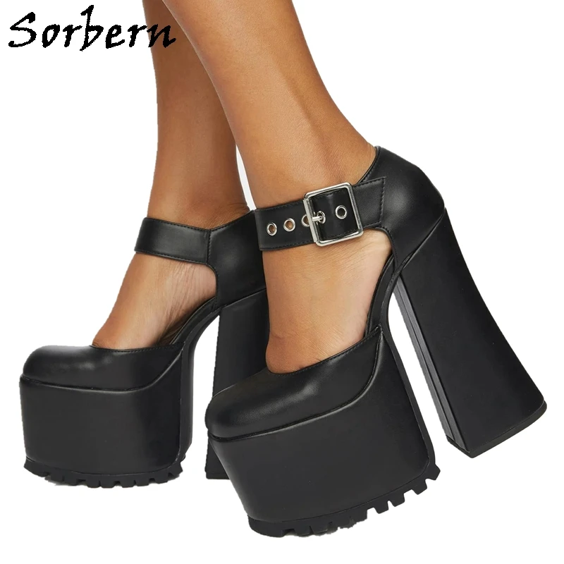

Sorbern Black Matt Block Heels Pumps Women With Ankle Straps Thick Platform Comfortable Lady Shoe Summer Style Chunky Heels