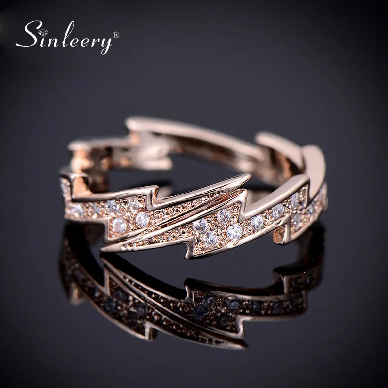 

SINLEERY Unique Design Lightning Rings For Women Adjustable Size Dazzling Cubic Zirconia Rose Gold Color Jewelry Jz460 SSC