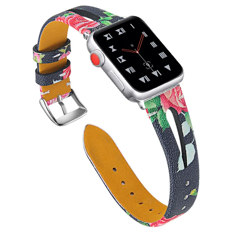 

Leather Bracelet For Apple Watch Series 6 Band SE Strap 44mm 40mm Floral Triangle Hole Watchbands For Applewatch 3 42mm 38mm