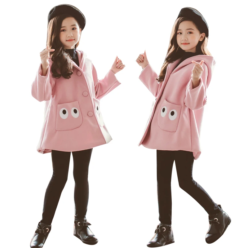 

Детское пальто для девочек; Модное шерстяное пальто с принтом глаз для девочек-подростков; Осенне-зимняя куртка; Теплая Длинная Верхняя оде...