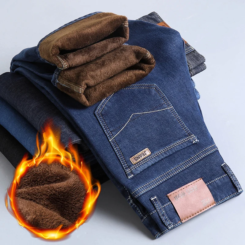 Осенне-зимние новые мужские бархатные джинсы, мужские свободные прямые повседневные брюки, деловые теплые мужские брюки