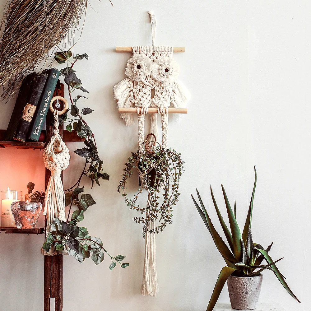 

Boho Hand-woven Tapestry Macrame Wall Hanging Symmetry Owl Pendant Bohemian Crafts Plain Cute Tapestry Home Bedroom Decorations