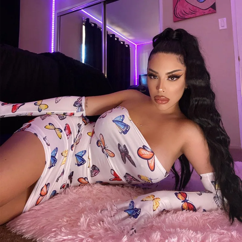 Женское платье с принтом бабочки белое без бретелек открытой спиной для