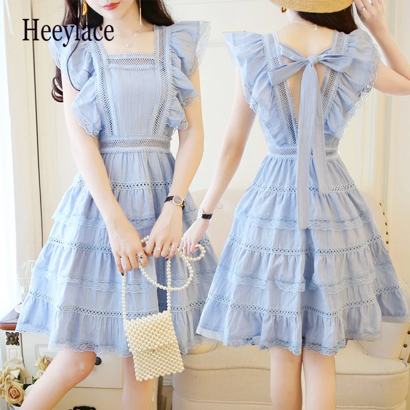 Милое ажурное кружевное шифоновое платье 2019 Лето Для женщин без рукавов с