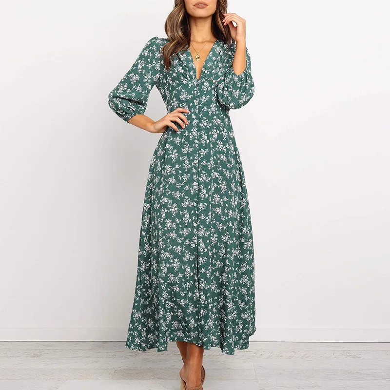 Women Chiffon Long Dress Floral Print Lantern Sleeve A-line Maxi Vestidos Autumn New Elegant Vintage V Neck Winter Dresses