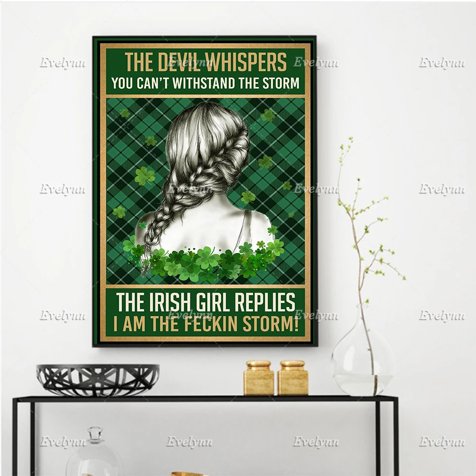 

The Devil Whisper, Irish Girl Replies Poster, Green Buffalo Plaid Decor,Shamrock Pattern, St. Home Decor Prints Wall Art Canvas