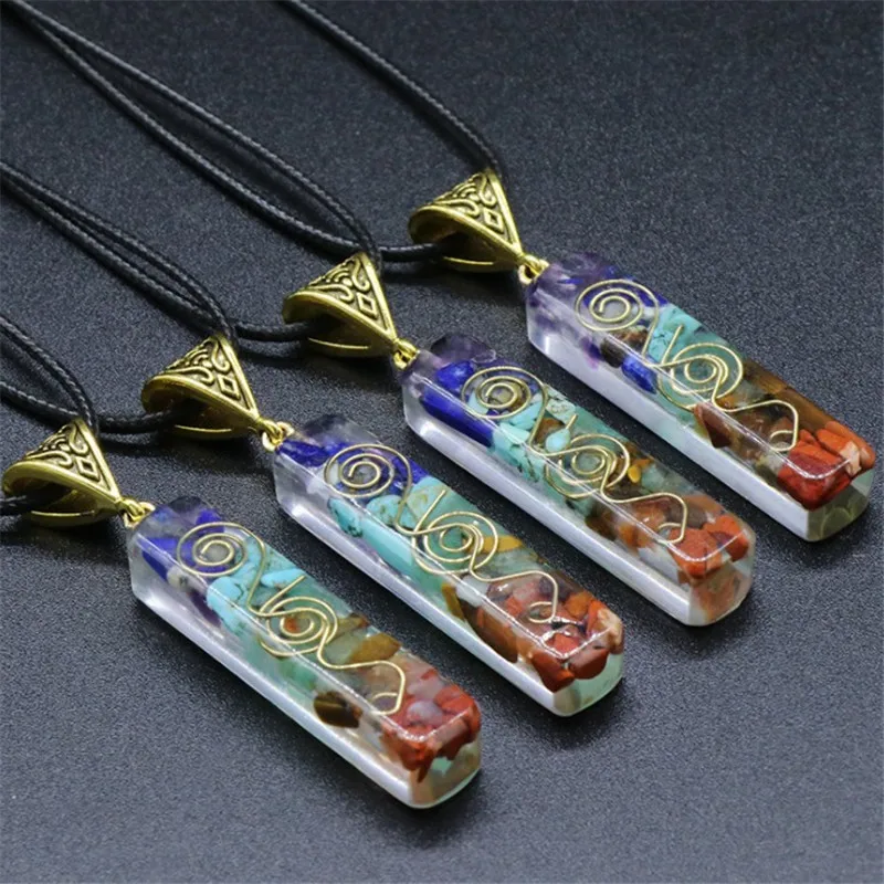 

Reiki 7 Chakra Orgone Pendant Necklace Energy Healing Crystals Chips Tumbled Stones Mixed Orgonite Resin Necklaces For Women Men