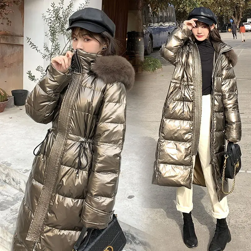 Punk Women Winter Gold Down Cotton Jacket Fashion Glossy Black Hooded Thick Shiny Loose Real Fox fur Warm Parkas Lady Coat |