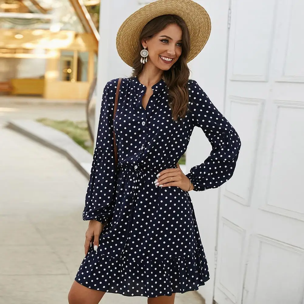 

GREYGEM Woman Summer Dresses Bohemian Stand Collar Lantern Long Sleeve Sing Breasted Female Strappy Polka Dot Black Short Dress