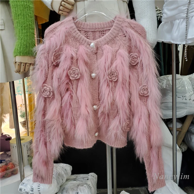 

Raccoon Fur Woven Handmade Sweater Crocheted Flower Cute Slimming Fur Cardigan Women's Knitted Coat Apricot Pink 2021