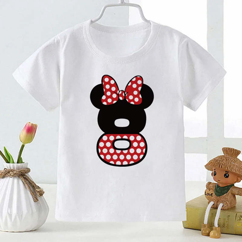 Minnie Mouse T-shirt For Girls Children Clothes Happy Birthday Numbers 0-9 Disney Cartoon Boy T shirt Top Harajuku Baby T-shirts