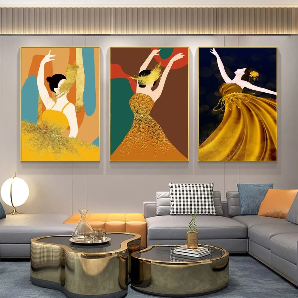 Живопись на холсте Фигура модной богини с золотой юбкой танцовщицы Постер Абстрактный декор для гостиной, коридора и дома.