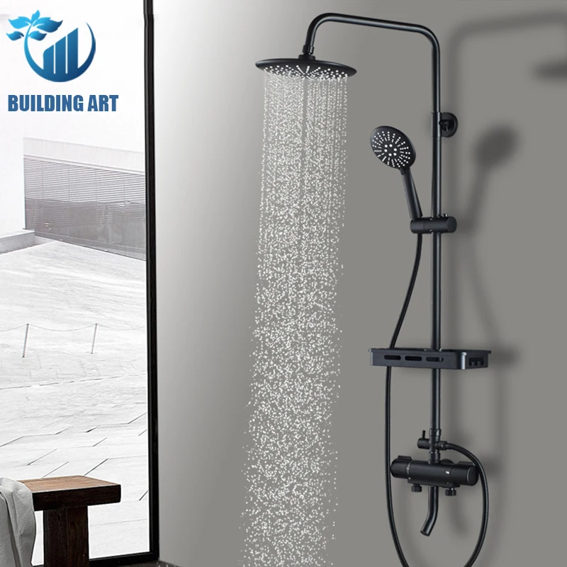 Термостатический смеситель для душа кран ванной комнаты вращающийся черный цвет