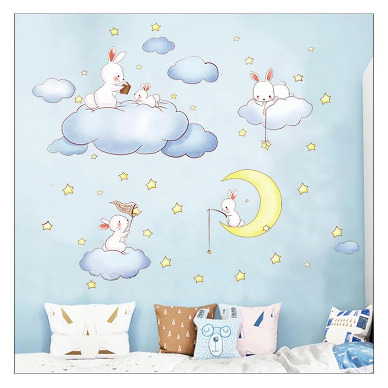 Детская Комната Украшения Стикер Стены Супер Милый Кролик Облако Звезды Луна