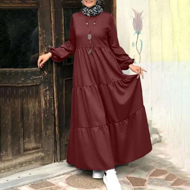 

Oversized Dress Muslim Kaftan Robe ZANZEA Women Ruffled Hem Robe Loose Stylish Vintage Dresses Summer Long Sleeve Work Vestidos