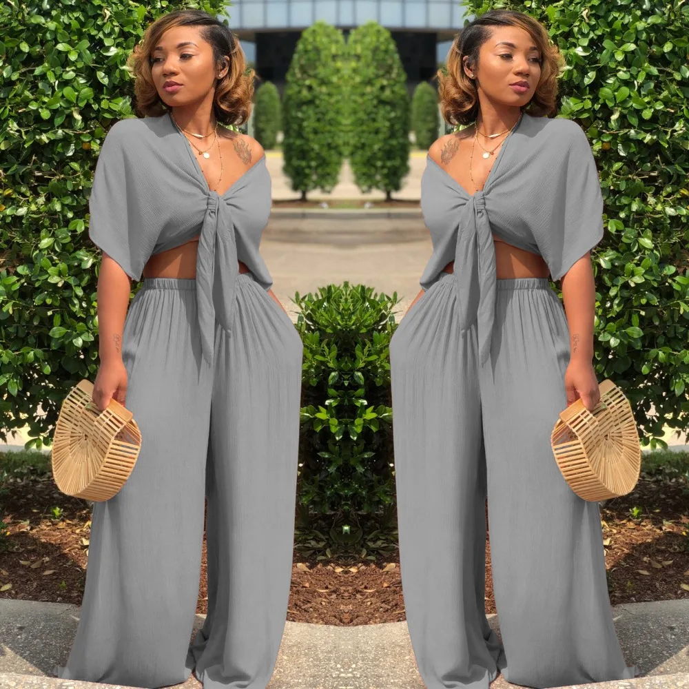 

Women loose wide leg pants bandage lace up crop top 2 piece set for female women v-neck short sleeve two piece set women's suits